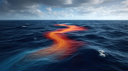  striking image of ocean water with a vivid, flowing trail of bright orange and red, resembling lava or a chemical spill under a partly cloudy sky.