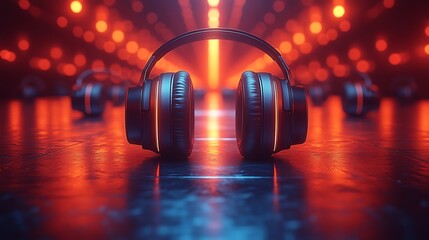 Headphones on Reflective Surface with Vibrant Orange Lighting

