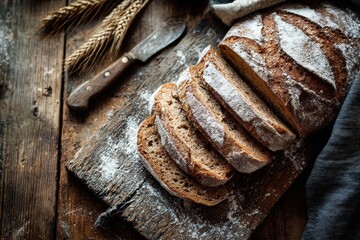 Overhead view of fresh wholegrain bread slices on a worn wooden kitchen table