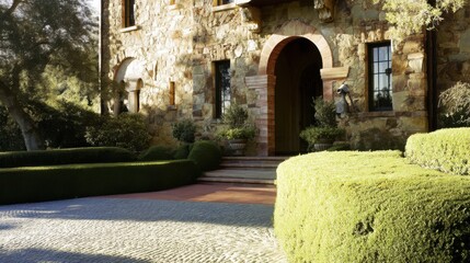 Stately stone-built house entrance with arched red-brick doorway, manicured potted plants, cobblestone driveway, lush green hedges, and artistic metal sculpture.
