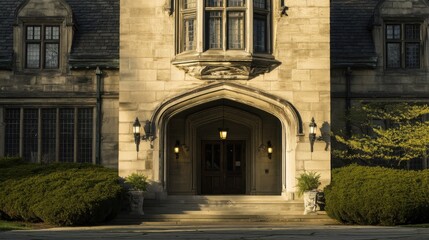 Grand entrance of a stately historic building with light-colored stone facade, large arched doorway, warm lantern glow, symmetrical windows, and manicured green shrubs.
