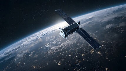 Obraz premium Sleek High-Tech Artificial Satellite Orbiting Earth Amid Twinkling Stars
