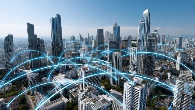 Urban Connectivity: A network of digital lines weaves through a modern metropolis, illustrating the intricate connections of modern technology and infrastructure. - Powered by Adobe