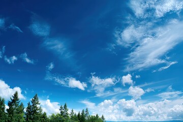 Panoramic view of a blue sky small clouds and trees