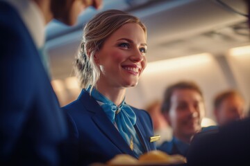 A flight attendant serving passengers on an airplane, surrounded by the interior of their aircraft with other cabin crew and passengers.