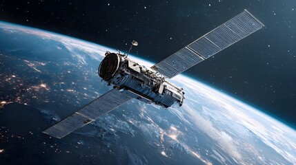 Obraz premium Sleek High-Tech Artificial Satellite Orbiting Earth Amid Twinkling Stars