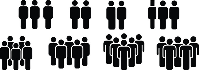 Group silhouettes of people standing together in teams or crowds, simple icon figures, human communities, minimalist formation shapes, communication silhouettes