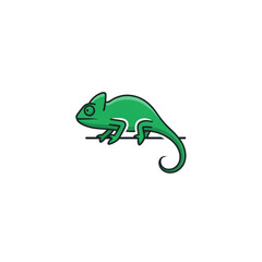 Fototapeta premium A vibrant green chameleon perched on a thin, horizontal branch, isolated.