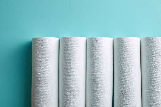 Paper towel rolls on a light blue backdrop text area available