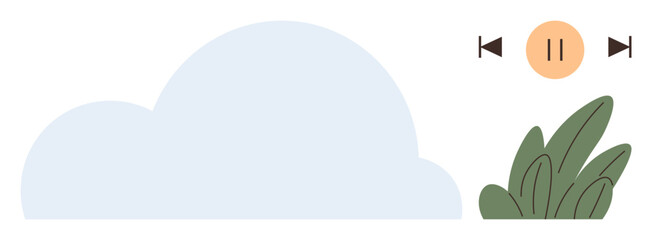 Light blue cloud and green leaves paired with simplified media player icons. Ideal for nature, technology, minimalism, eco-friendliness, relaxation, streaming, and modern concepts. A simple flat