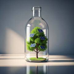 Green tree with solar panels in a glass bottle.