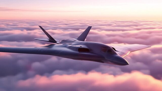 Stealth Bomber B2 Flying Above Clouds at Sunset: Aerial View, Powerful Military Aircraft, Northrop B-2 Spirit
