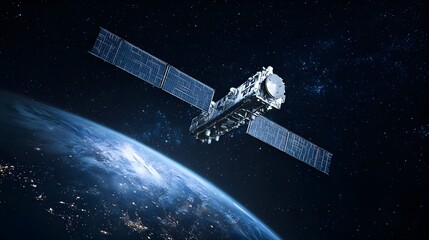 Sleek High-Tech Artificial Satellite Orbiting Earth Amid Twinkling Stars