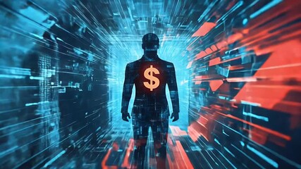 Abstract Digital Representation of a Figure with Dollar Symbol in a Cybernetic Tunnel with Red and Blue Lighting - Powered by Adobe