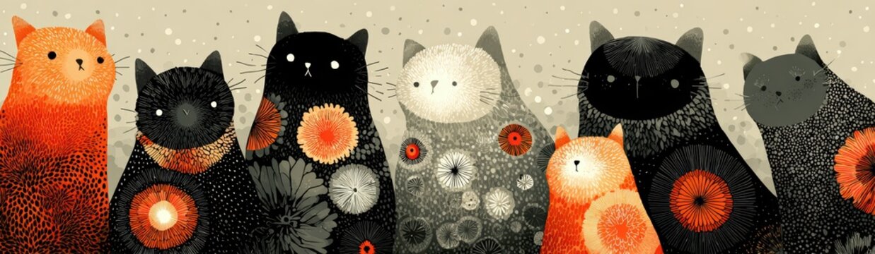 Colorful and Playful Artistic Cats Illustration in a Row