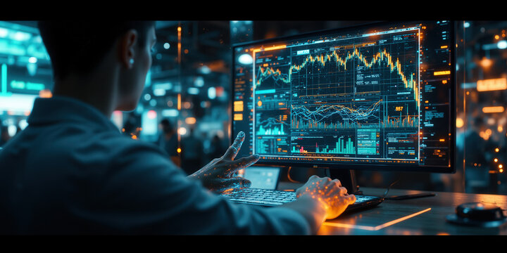 Trader Analytics Data: Person analyzes stock market in office, predicting financial trends. - Powered by Adobe