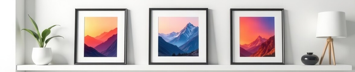 Fototapeta premium Black framed square posters on white shelf, modern living room , white shelf, wall art, shelf decor