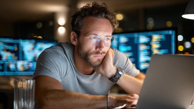 Night Shift Focus: An attentive professional, illuminated by the glow of a laptop screen, intensely engages with his work, immersed in the late-night office environment.