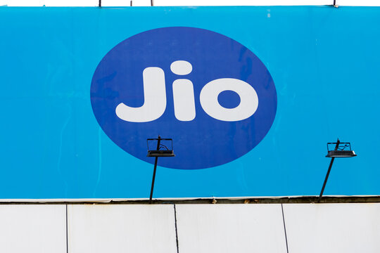 Reliance Jio Infocomm Limited sign board in Vijayawad, India , is an Indian telecommunications company head quartered in Navi Mumbai.