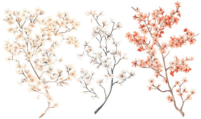 Fototapeta premium Highly detailed illustrations of various trees, leaves, grasses, and botanical elements, featuring realistic, minimalist, and abstract compositions on a white background.