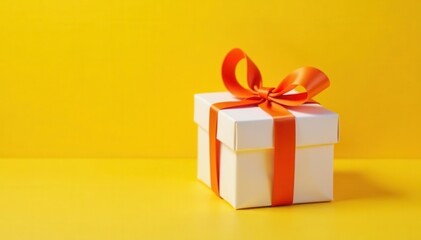Elegant white gift, vibrant orange bow, sunny yellow backdrop Perfect for gifting , holiday, present, white
