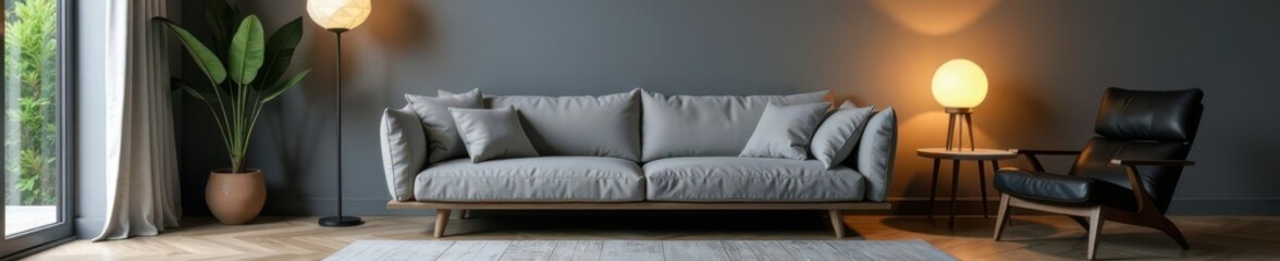 Grey sofa, black armchair, geometric lamp, retro table, minimalist decor, black armchair, clean, contemporary