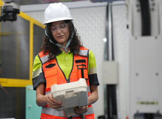 Hispanic engineer woman working on AI technology in robotics electronics engineering laboratory. University students' research project is programming robot machine with intelligent mechanical control