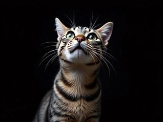 Close-up of striped gray stray cat looking up on a black background