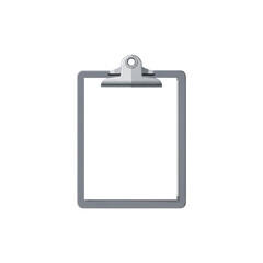 A clipboard with a metal clip and a blank white sheet of paper, isolated on a white background.