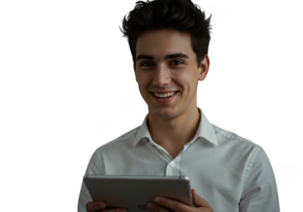 A man holds a tablet computer isolated on transparent background