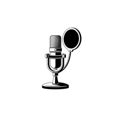 Vintage microphone graphic design, showing a detailed illustration of a stand-mounted microphone with a pop filter.