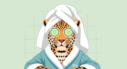 An illustration of a leopard wearing a towel on its head and cucumber slices on its eyes, relaxing in a spa.