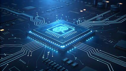 Blue electronic circuit board background with computer microchip and processor components for digital technology and engineering