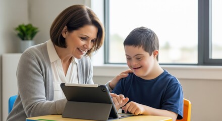 Teacher helping boy with Down syndrome using tablet in bright classroom