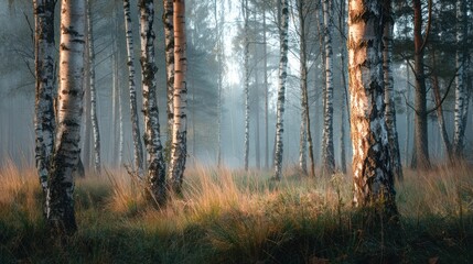 Birch forest with peeling beige bark, morning mist floating between trunks