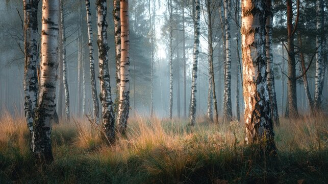 Birch forest with peeling beige bark, morning mist floating between trunks