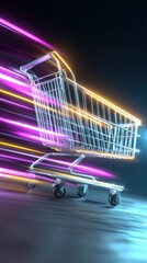 Shopping cart with neon trails, futuristic and fast paced, against a dark backdrop