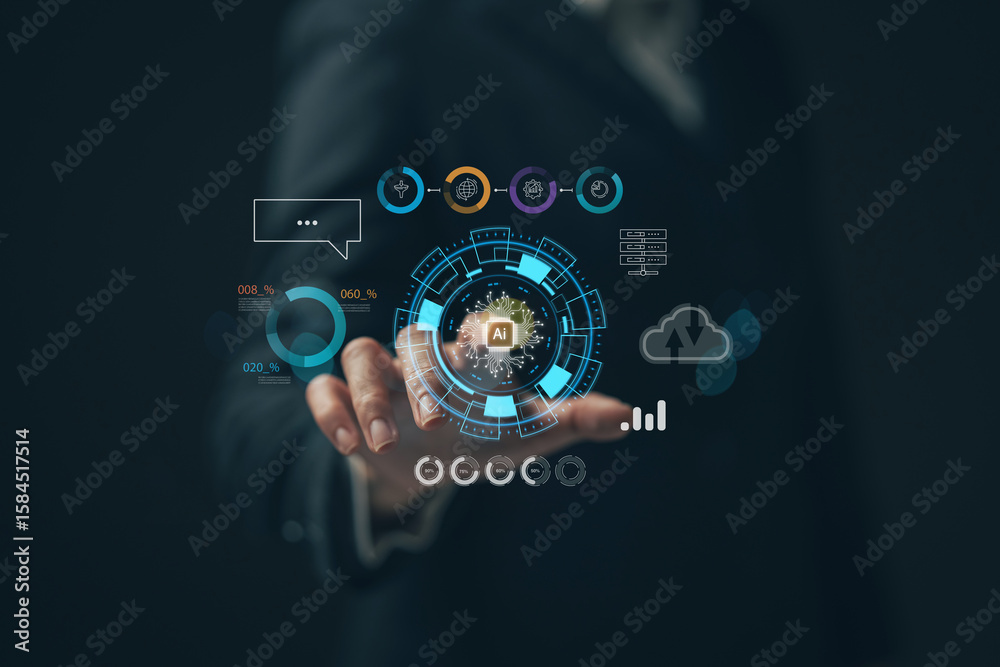 Poster ai future technology. ai icon in businessman's hand. concept of using ai technology to help in work.