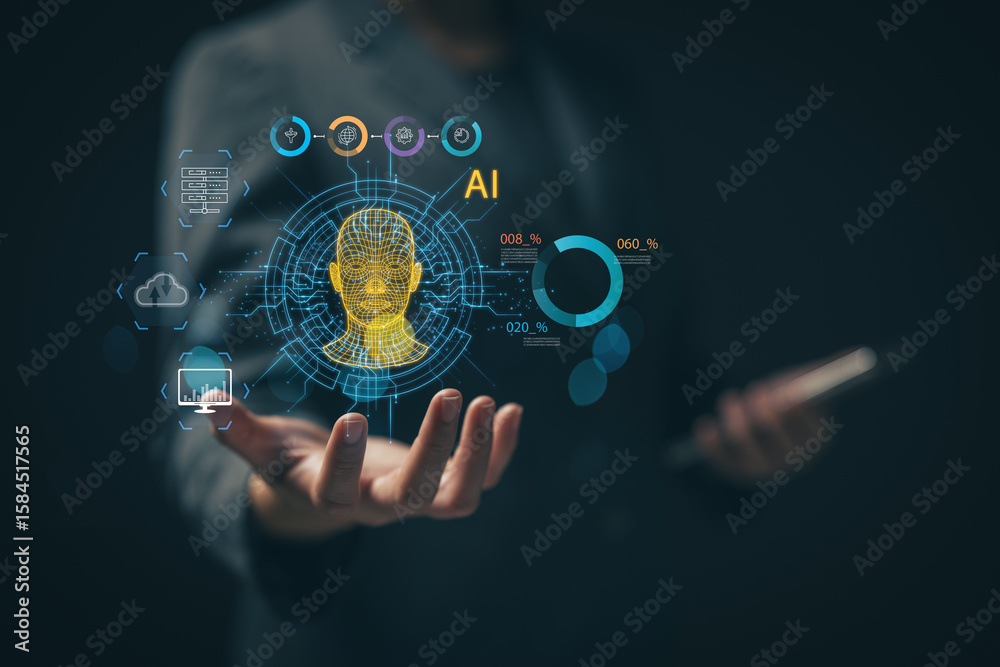 Poster ai future technology. ai icon in businessman's hand. concept of using ai technology to help in work.