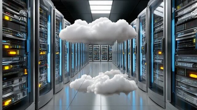 Cloud Data Storage: Digital Cloud among servers symbolizes contemporary data cloud solution and centralized digital information in a server room data center.