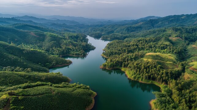 Coffee plantation reservoir lake aerial view - Powered by Adobe