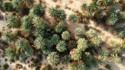 Drone view of palm tree oasis in desert, beige sand contrasting with muted greens