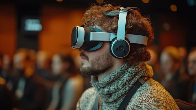 Man immersed in virtual reality headset, at an event