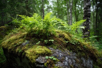 Fototapeta premium Ferns on a mossy rock in Finland s forest These plants are among the oldest dating back over 380 million years to the Devonian period