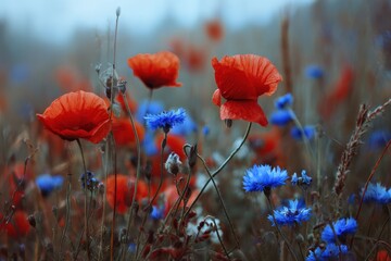 Obraz premium Red poppies and blue cornflowers bloom in a natural meadow