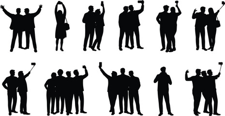 Silhouettes of friends and people taking selfies, using smartphones, posing, capturing moments, casual photos, digital tech lifestyle, happy social group