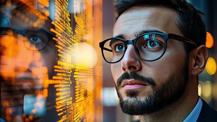 Professional man in suit analyzing code on glowing data screen in city at night
- Powered by Adobe