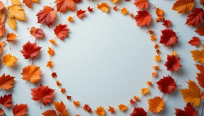 concentric rings of autumn leaves (red, orange, yellow) swirling around a central point, symbolizing balance and the equinox. Clean, minimalist background with soft focus, creating a sense of movement