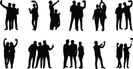 People silhouettes taking selfies using smartphones, posing in groups, friends and couples smiling, technology in hands, self-portrait photography, modern snapshots