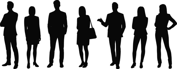 Silhouettes of confident business people standing, male and female professionals,teamwork,posture,bossspeaker, corporate success, leadership group, elegant figures